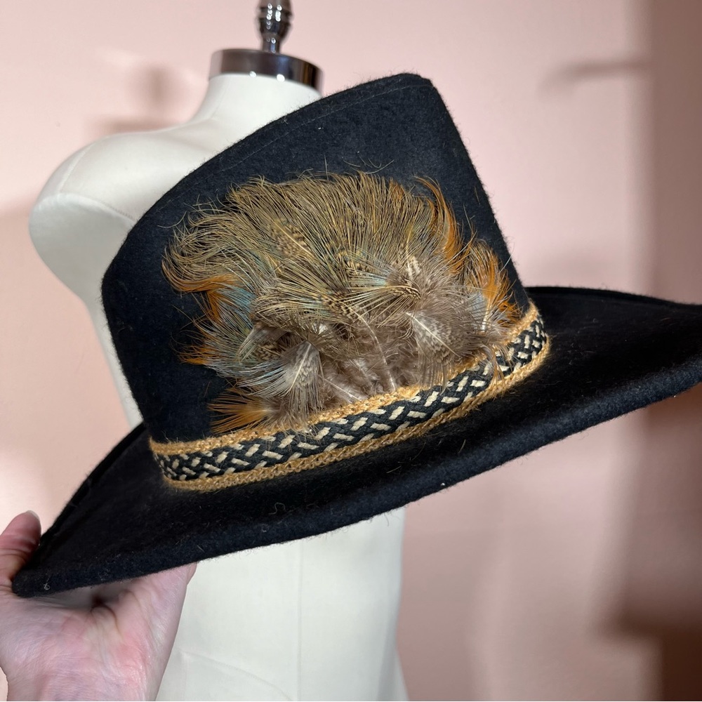 Vintage Black Felt Double Feather Western Cowboy Hat eclectic grandpa festival - Picture 15 of 17